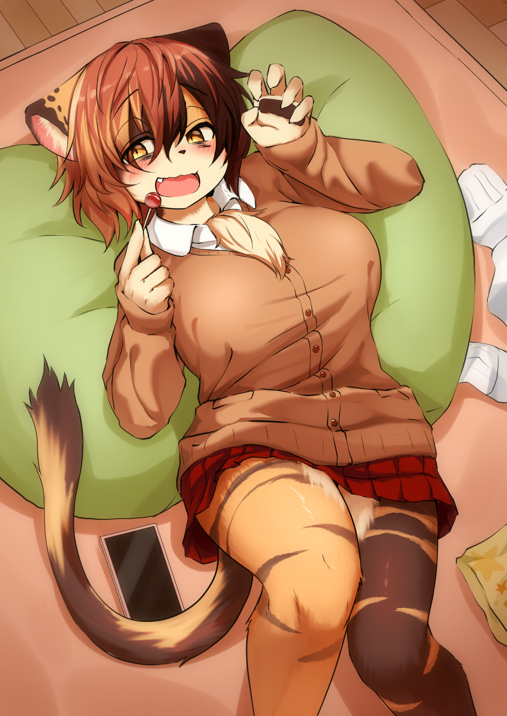 1girl, :d, animal_ears, animal_nose, black_hair, breasts, calico, candy