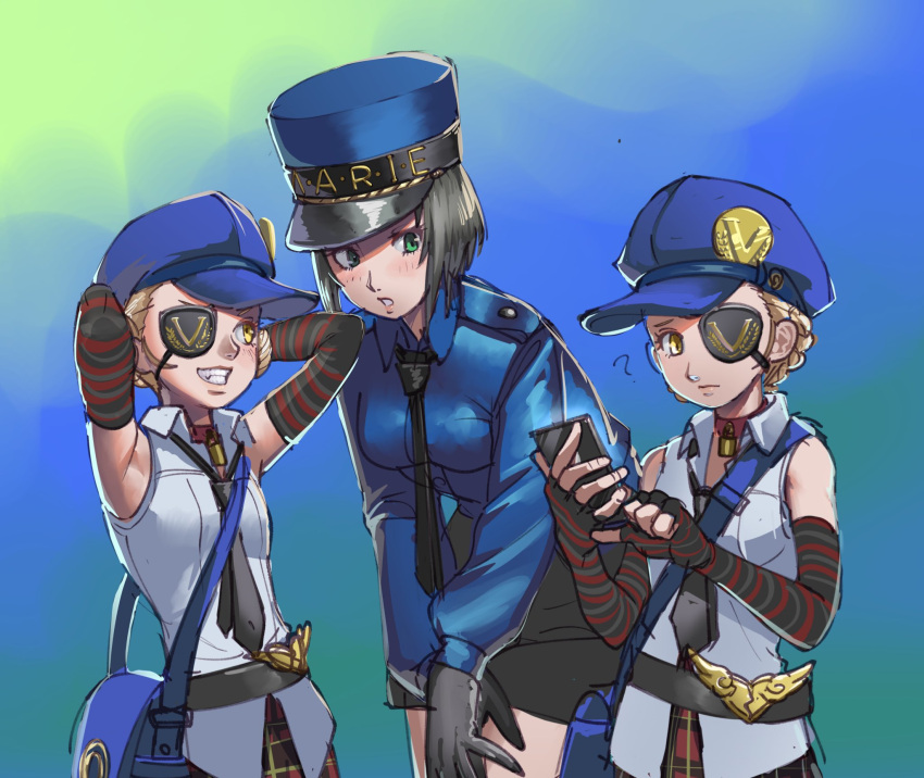 3girls, black_hair, blonde_hair, blue_headwear, blue_shirt, braid, caroline_(persona_5), choker