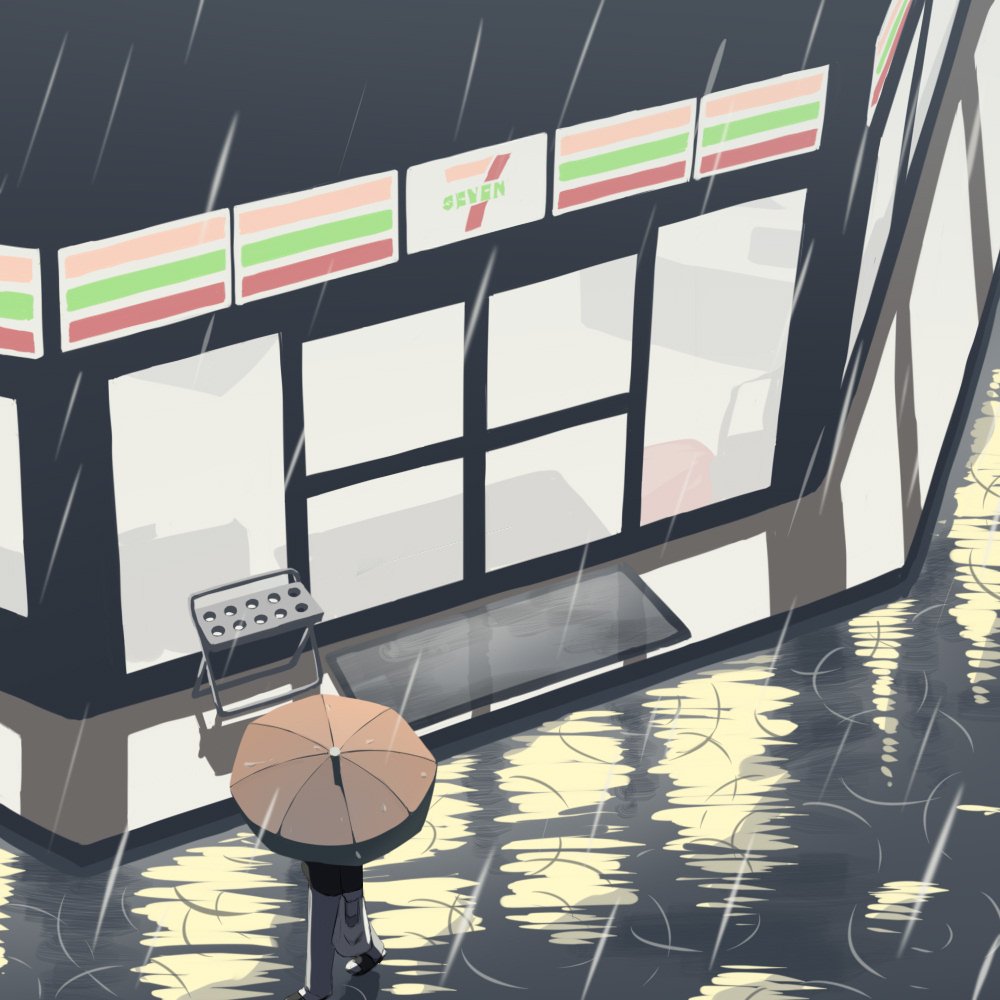 7-eleven, avogado6, bag, black_footwear, brand_name_imitation, convenience_store, doormat, from_above
