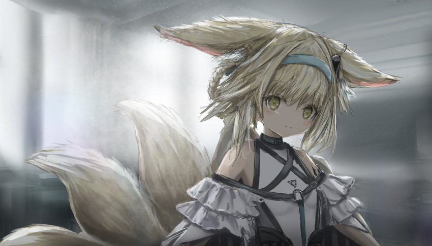 1girl, amanundius, animal_ear_fluff, animal_ears, arknights, bare_shoulders, blonde_hair, blue_bow