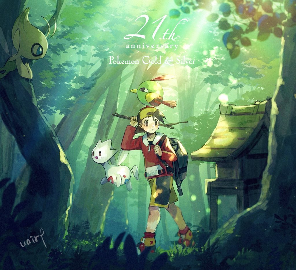 1boy, anniversary, backpack, backwards_hat, bag, baseball_cap, black_hair, celebi