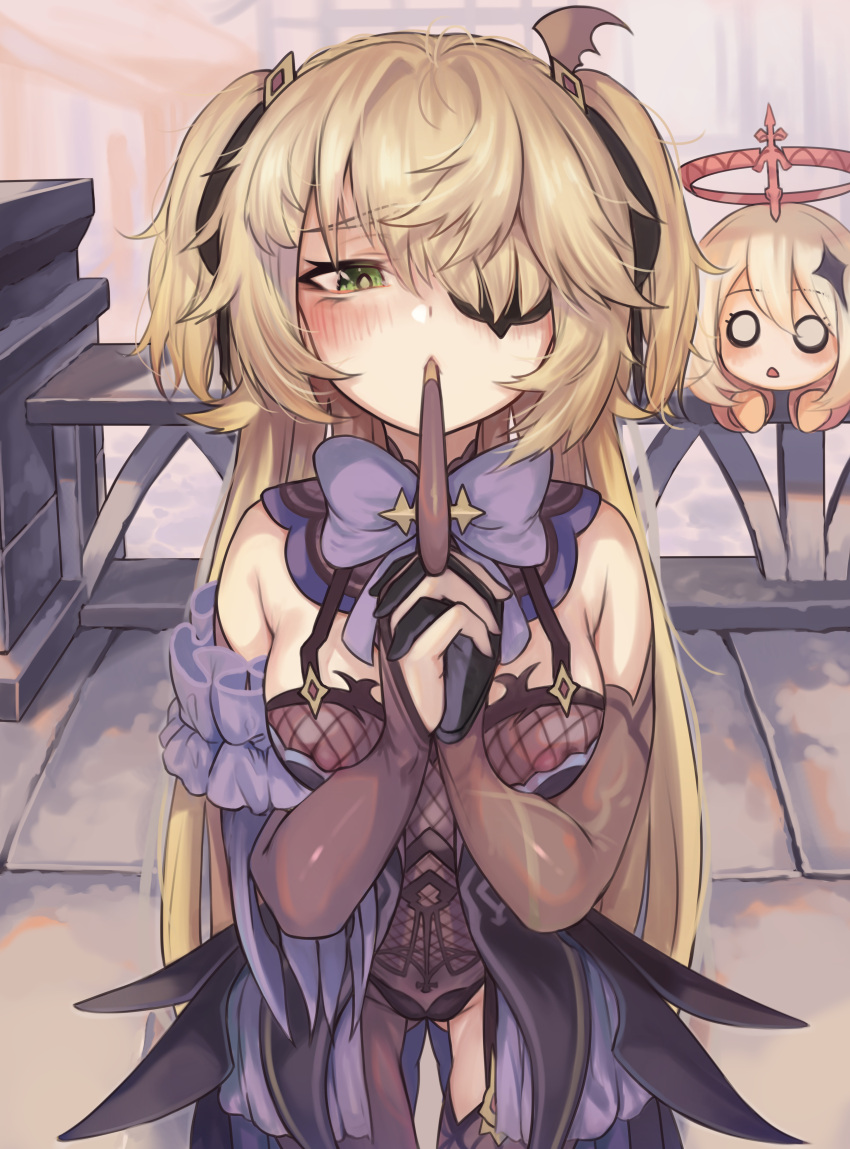 2girls, absurdres, ass_visible_through_thighs, black_gloves, black_ribbon, blonde_hair, blush, bodysuit, bow, bowtie, brown_sleeves, commentary_request, covered_nipples, eyepatch, facing_viewer, fischl_(genshin_impact), fishnet_bodysuit, fishnets, food, food_in_mouth, from_above, genshin_impact, gloves, green_eyes, hair_over_one_eye, hair_ribbon, hands_clasped, highres, incoming_pocky_kiss, indoors, long_hair, multiple_girls, o_o, own_hands_together, paimon_(genshin_impact), pocky, pov, purple_bow, purple_neckwear, revision, ribbon, single_glove, single_leg_pantyhose, single_thighhigh, solo_focus, thigh-highs, torriet, two_side_up