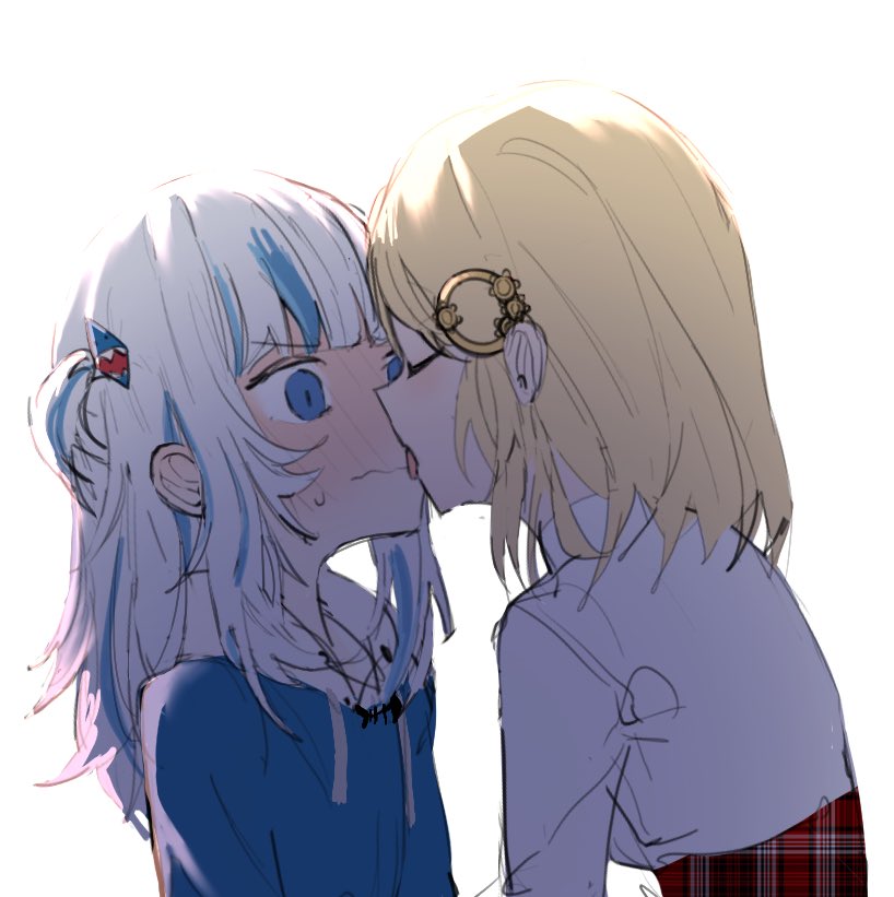 2girls, blonde_hair, blue_eyes, blue_hair, blue_hoodie, blush, closed_eyes, closed_mouth