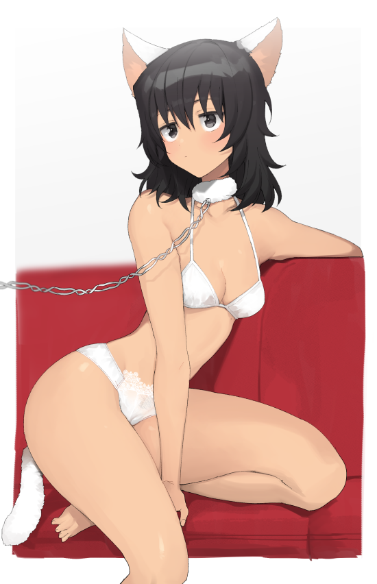 1girl, andou_(girls_und_panzer), animal_ears, bangs, black_hair, bra, cat_ears, cat_girl