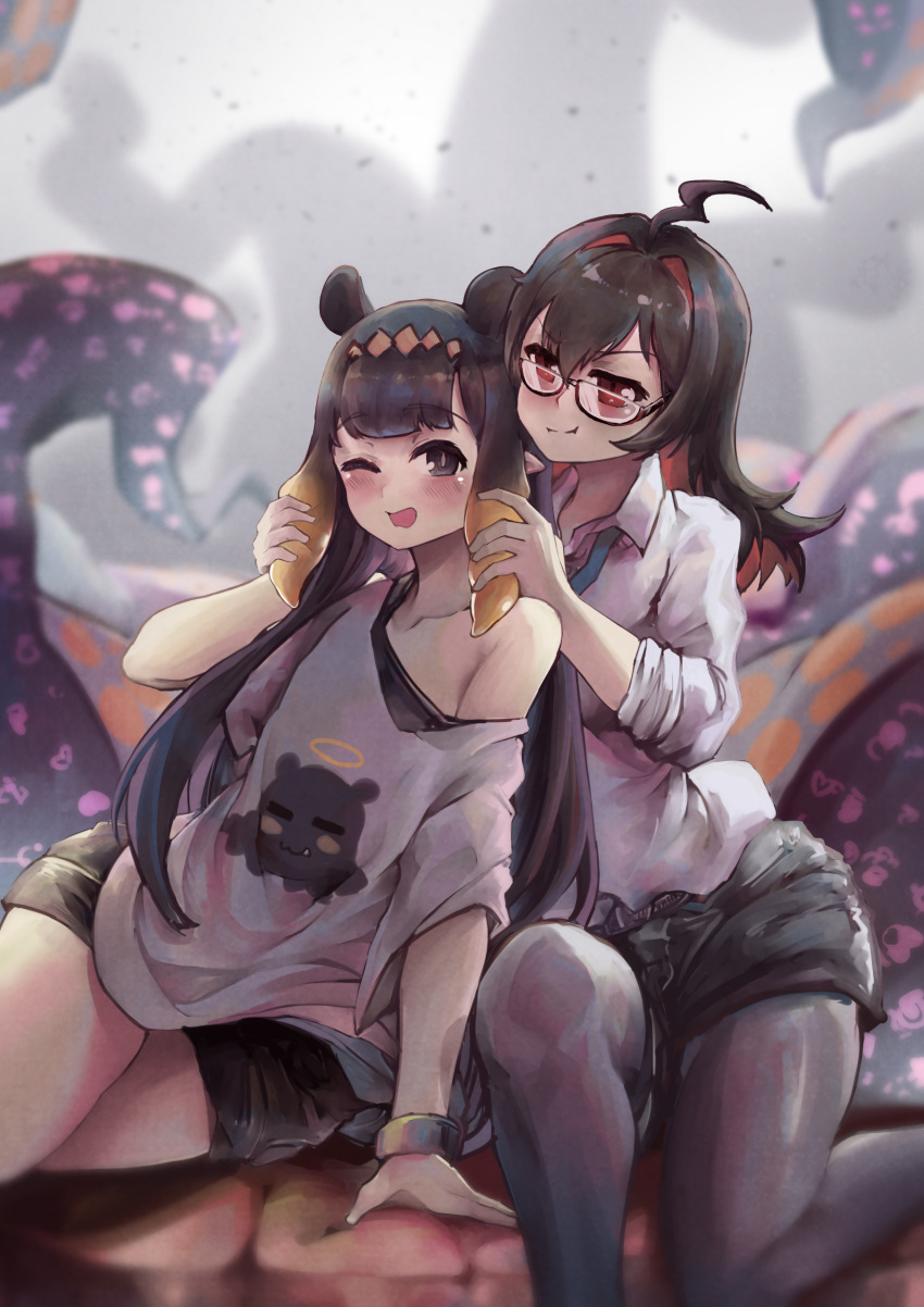 2girls, :i, absurdres, ahoge, animal_ears, arm_support, bangs, black_hair