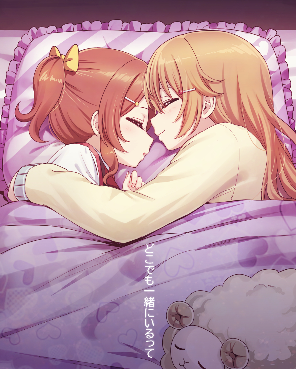 2girls, :o, bangs, blush, bow, brown_hair, brown_shirt, closed_eyes