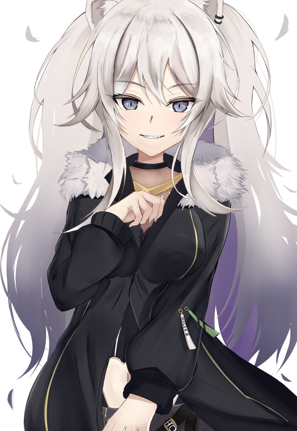 1girl, animal_ears, black_choker, black_jacket, black_skirt, breasts, choker, cowboy_shot