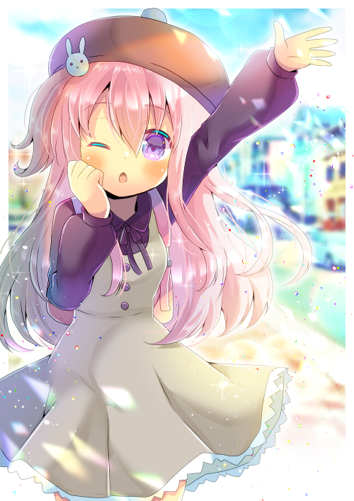 1girl, arm_up, bangs, beret, black_ribbon, black_shirt, blurry, blurry_background