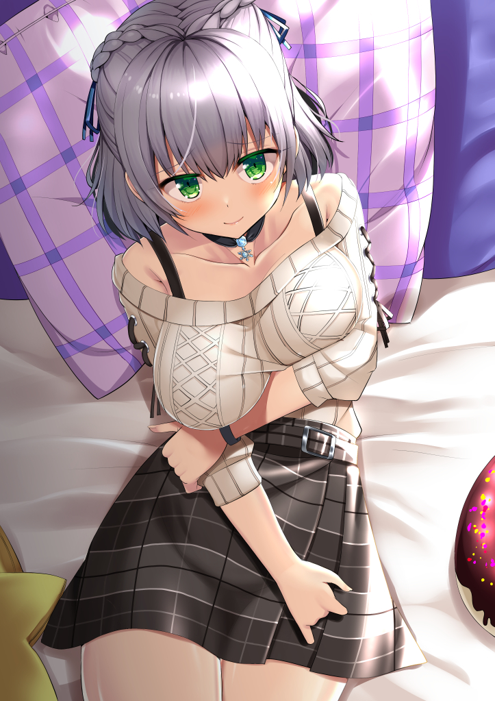 1girl, belt, black_choker, blush, braid, breast_hold, breasts, choker, collarbone, donut_pillow, french_braid, green_eyes, holding_own_arm, hololive, large_breasts, lips, looking_at_viewer, natsuki_shuri, off-shoulder_sweater, off_shoulder, on_bed, pendant_choker, pillow, plaid, plaid_belt, plaid_skirt, shirogane_noel, silver_hair, skirt, smile, snowflake_pendant, solo, spaghetti_strap, star_pilow, sweater, thighs, virtual_youtuber, watch, watch, white_sweater
