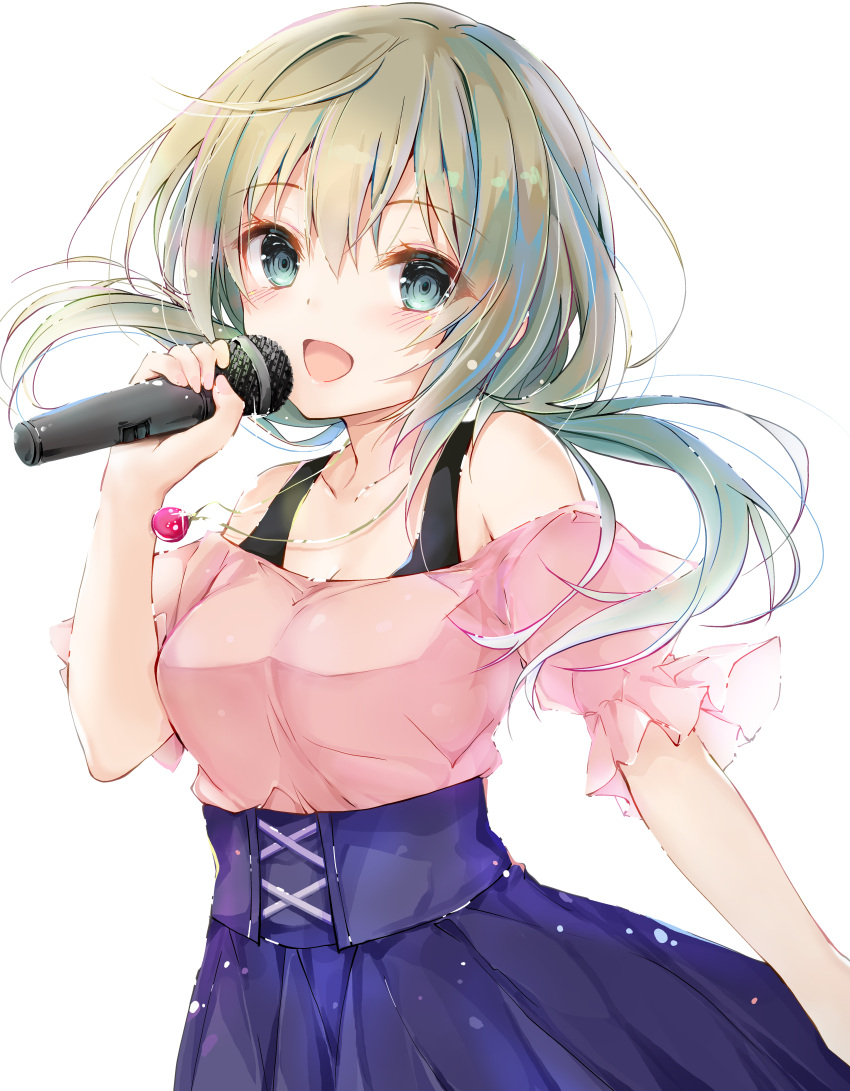1girl, :d, absurdres, bangs, bare_shoulders, blue_skirt, blush, breasts
