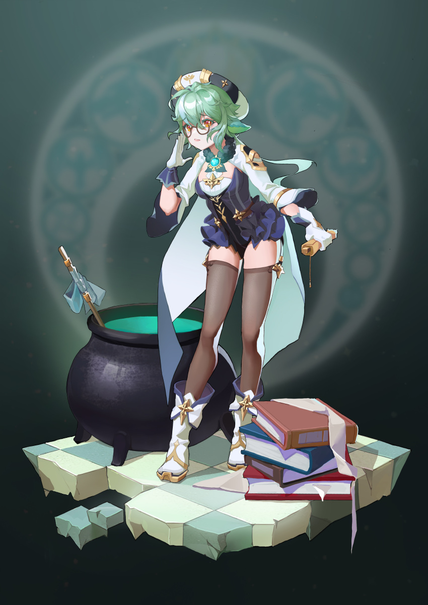 1girl, absurdres, animal_ears, beret, black_legwear, blue_dress, blush, book