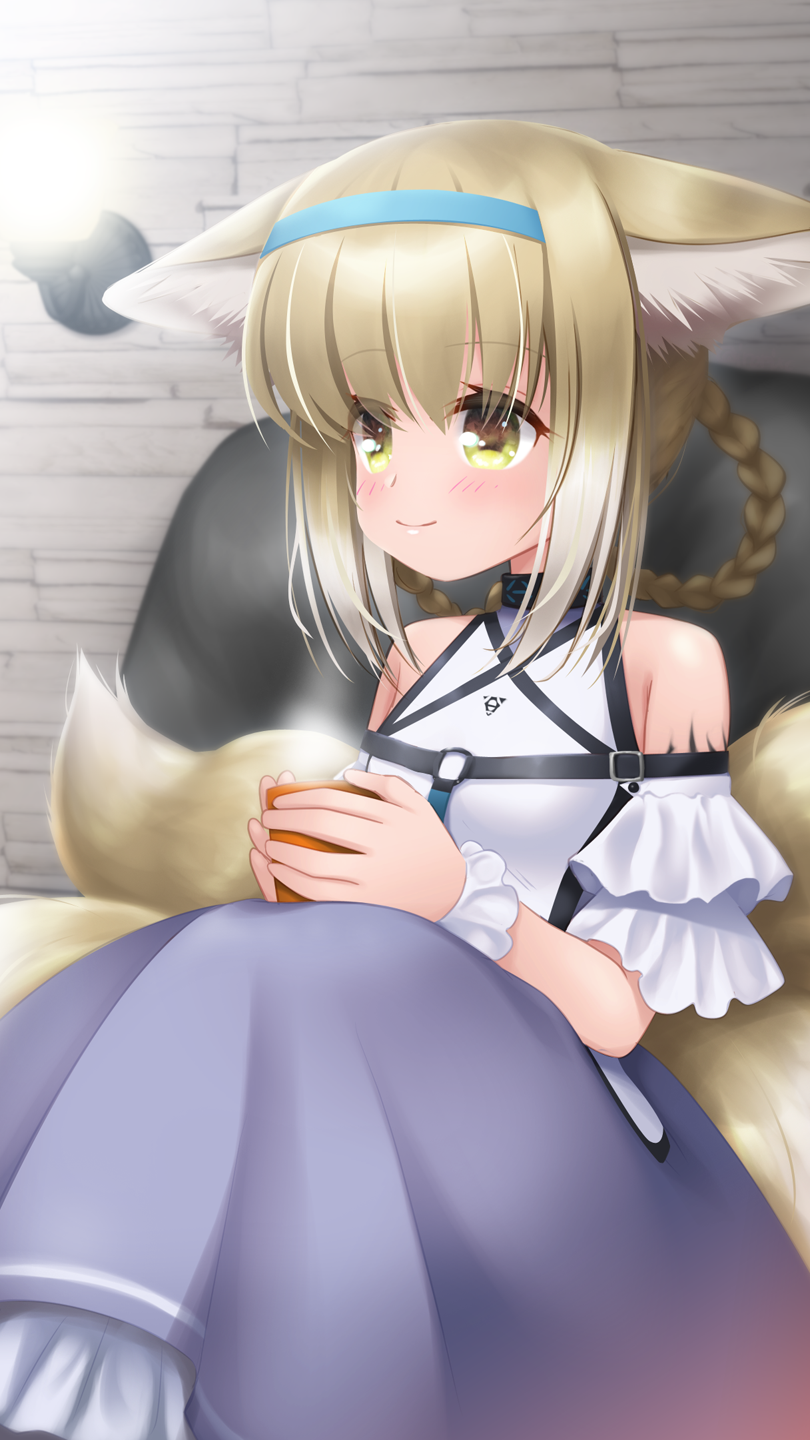 1girl, animal_ear_fluff, animal_ears, arknights, bangs, bare_shoulders, blurry, blurry_background