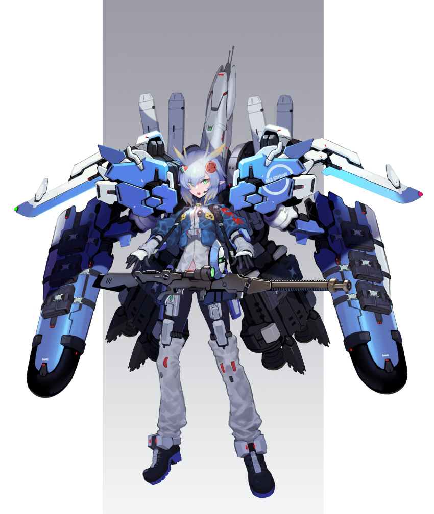1girl, black_gloves, blue_hair, ex-s_gundam, eyebrows_visible_through_hair, gloves, green_eyes, gun