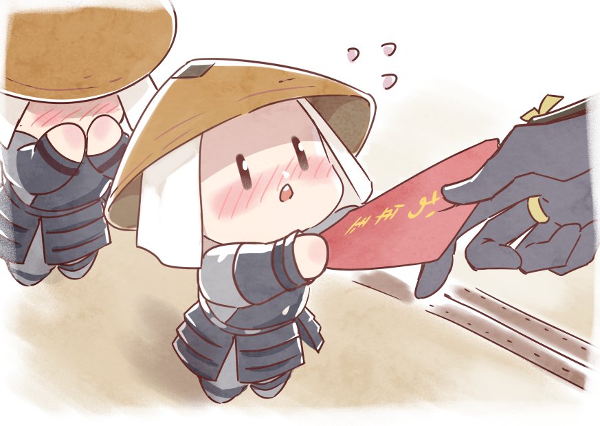 3boys, armor, blush, covering_face, flying_sweatdrops, hands, jingasa, light_infantry_(touken_ranbu)