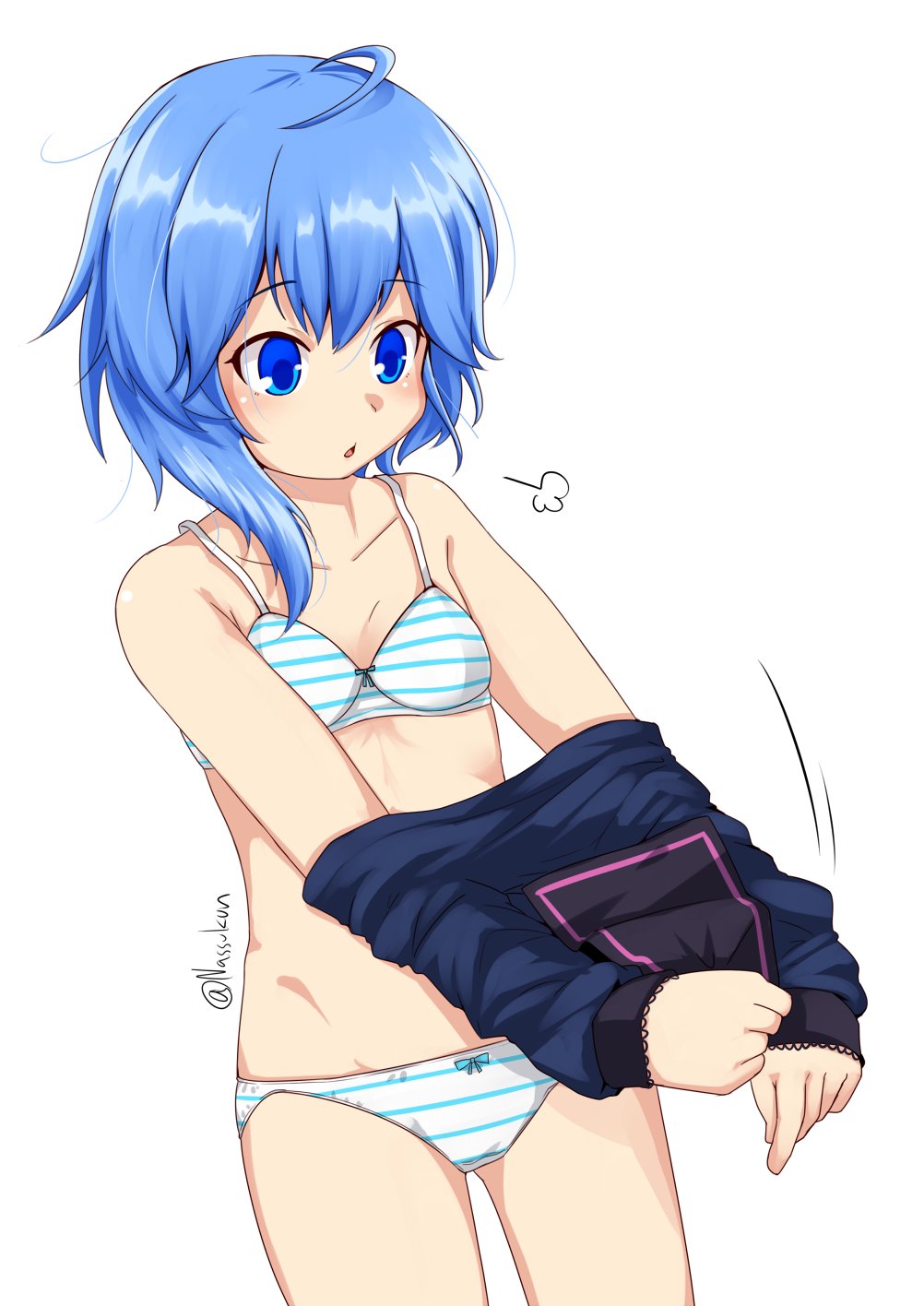 1girl, ahoge, asymmetrical_hair, black_sailor_collar, blue_eyes, blue_hair, blue_shirt, bra