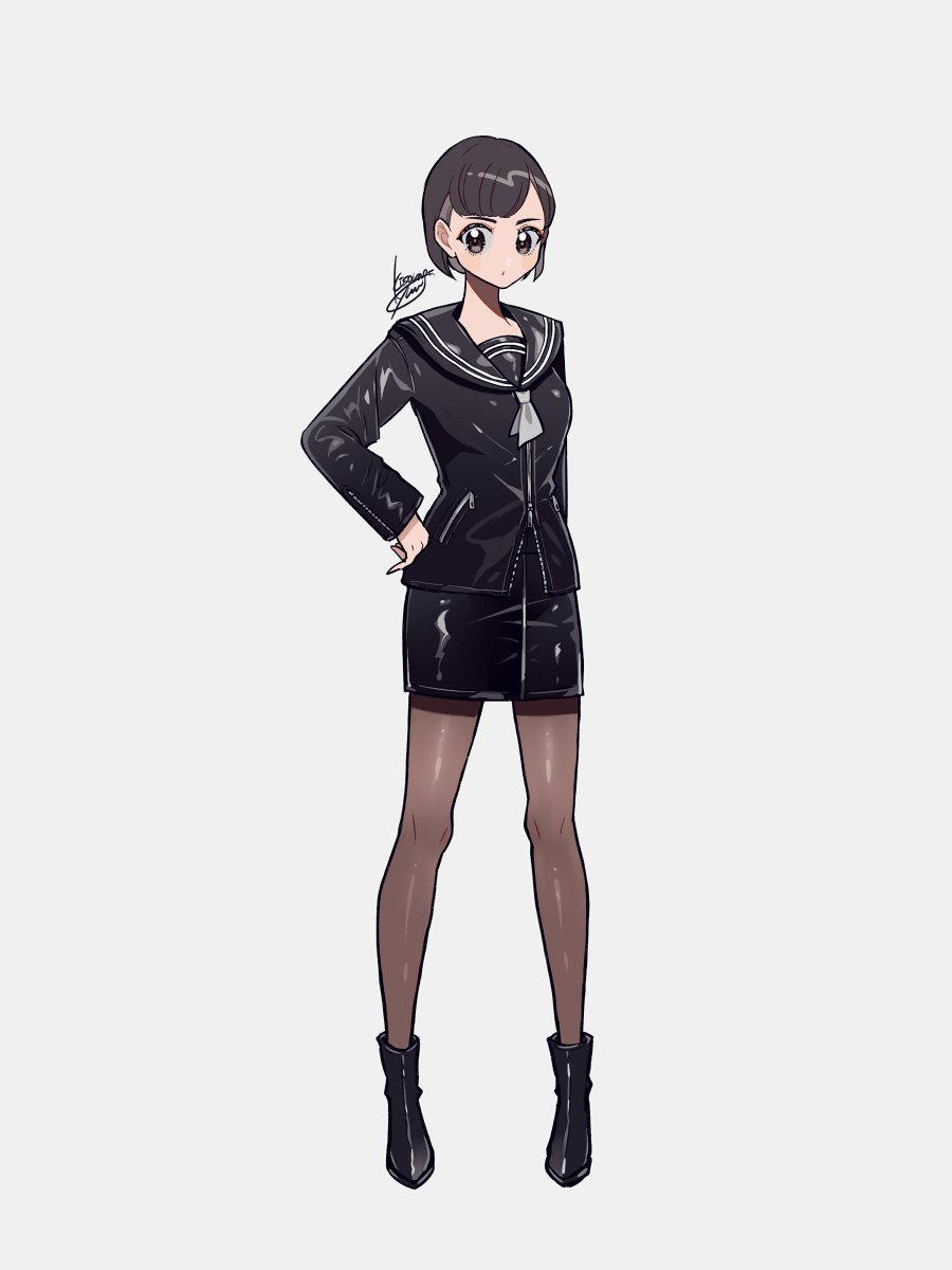 1girl, bangs, black_eyes, black_footwear, black_hair, black_legwear, black_skirt, full_body