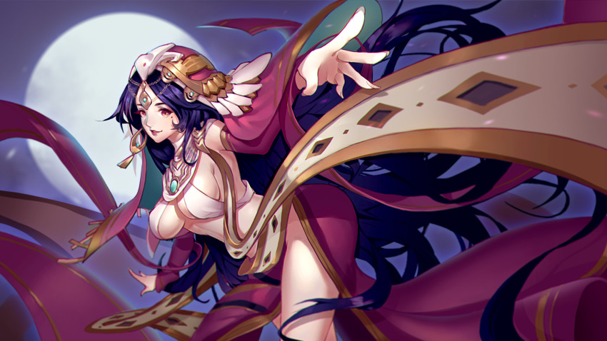 1girl, armpits, artist_request, blue_hair, breasts, cowboy_shot, dancer, detached_sleeves, forehead_jewel, foreshortening, from_side, full_moon, headdress, highres, lisa_(sdorica), long_hair, looking_at_viewer, looking_to_the_side, medium_breasts, mole, mole_under_eye, moon, parted_lips, red_eyes, red_nails, revealing_clothes, sdorica, sideboob, smile, solo, very_long_hair