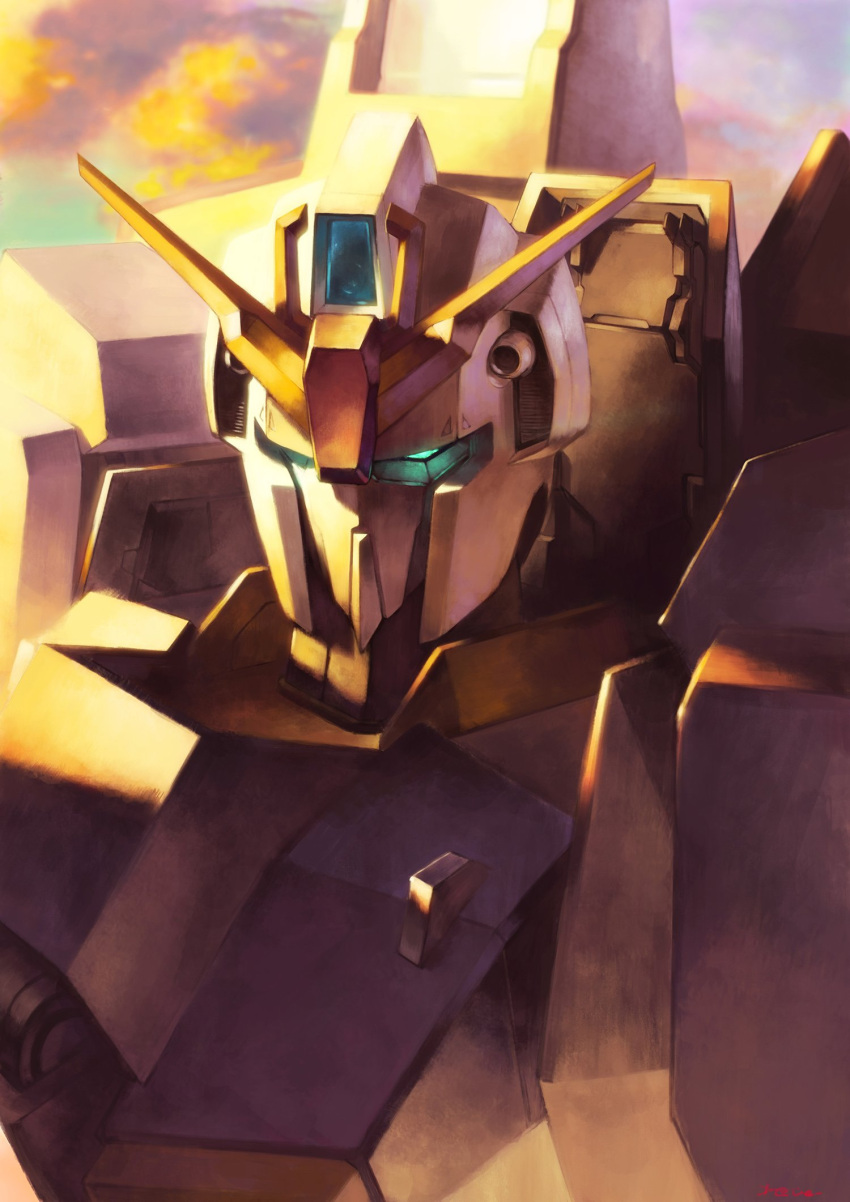 blue_eyes, close-up, clouds, daue, gundam, highres, looking_down, mecha
