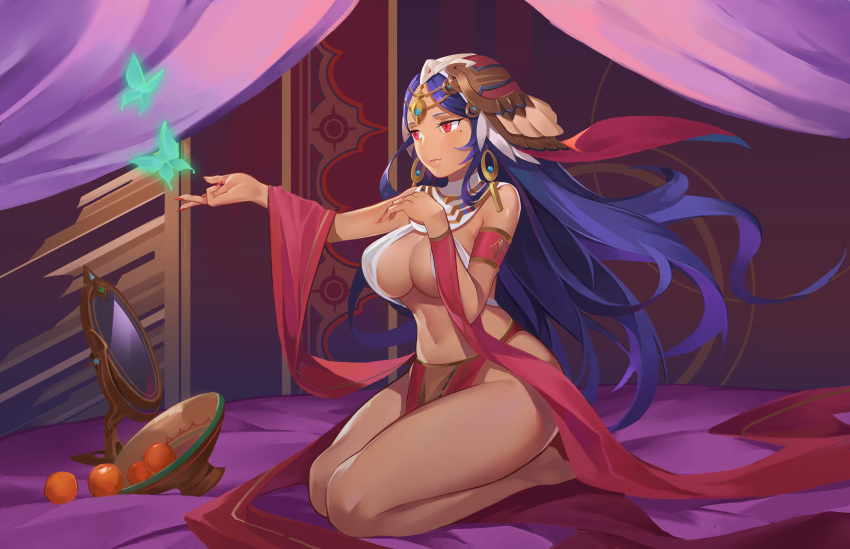 1girl, absurdres, armlet, artist_request, bangs, bare_shoulders, bedroom, blue_hair