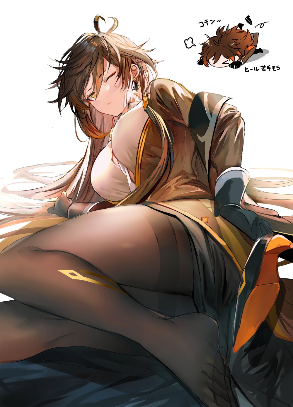 >_<, 1girl, =3, bangs, black_gloves, black_hair, black_legwear, blonde_hair
