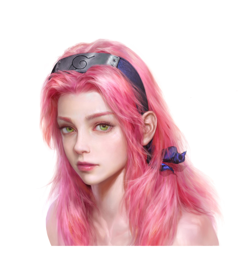 1girl, absurdres, cropped_torso, eyebrows, forehead_protector, green_eyes, haruno_sakura, highres