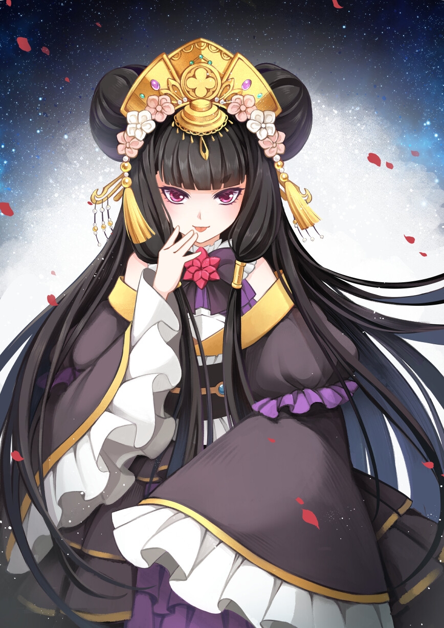 1girl, bangs, bare_shoulders, black_hair, blunt_bangs, chao_feng, dress, flower_ornament, hair_tubes, headdress, highres, long_hair, looking_at_viewer, red_eyes, thunderbolt_fantasy, tongue, tongue_out, xunling