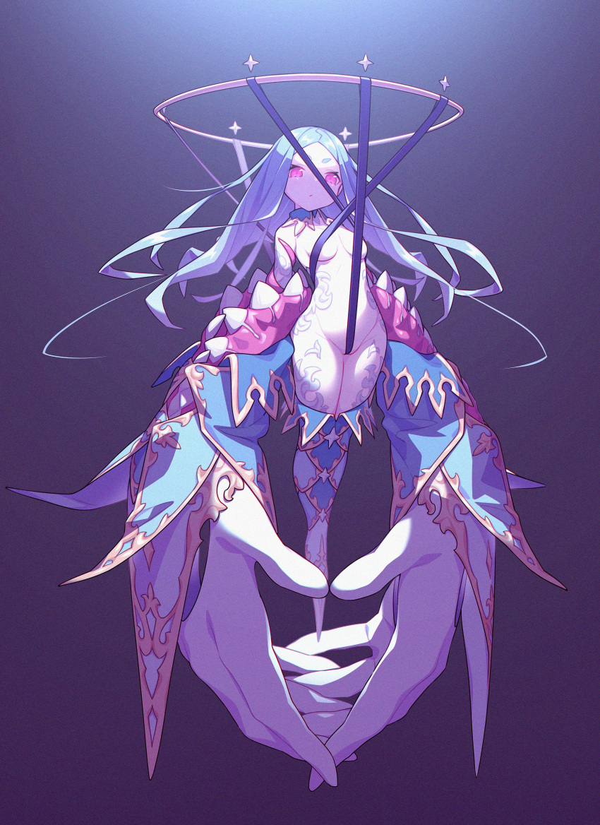 1girl, absurdres, bare_shoulders, blue_hair, bound, bound_legs, closed_mouth, convenient_censoring, eyes_visible_through_hair, film_grain, floating, halo, highres, long_hair, nude, original, pink_eyes, sharp_teeth, short_eyebrows, slit_pupils, solo, teeth, tewo_(tewowet)