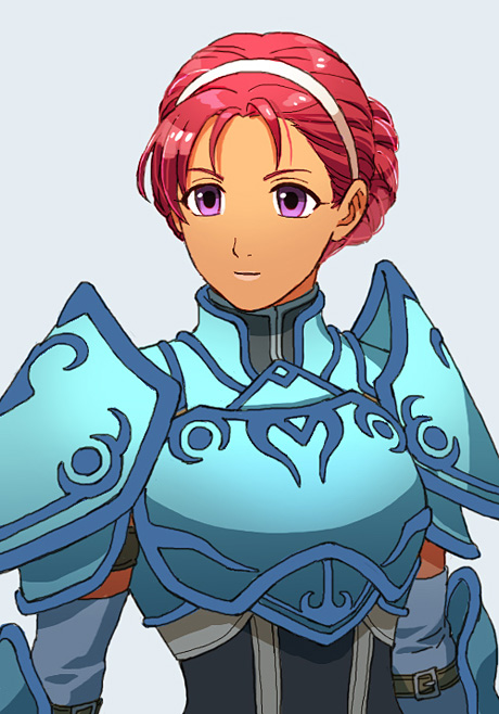 1girl, arm_belt, armor, arms_at_sides, breastplate, closed_mouth, dark_skin, donta30303, elbow_pads, elbow_sleeve, fiona_(fire_emblem), fire_emblem, hairband, looking_at_viewer, redhead, short_hair, shoulder_armor, simple_background, upper_body, violet_eyes
