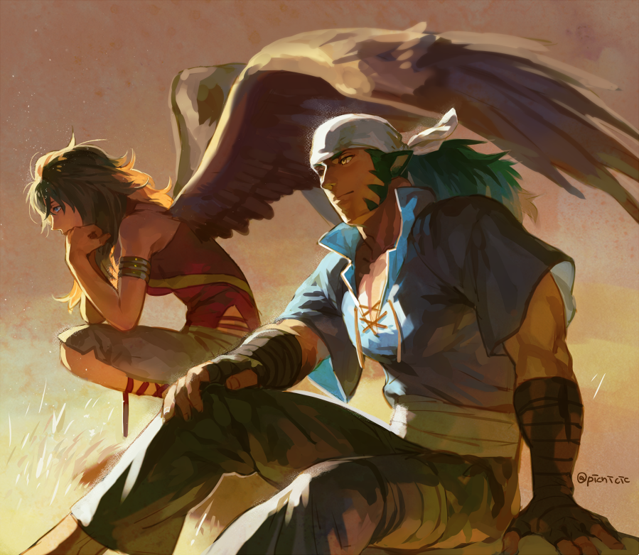1boy, 1girl, animal_ears, bandana, black_hair, blue_eyes, cat_ears, closed_mouth, fire_emblem, fire_emblem:_radiant_dawn, green_hair, long_hair, looking_away, muarim_(fire_emblem), muscle, outdoors, picnicic, sitting, sunset, vika_(fire_emblem), wings
