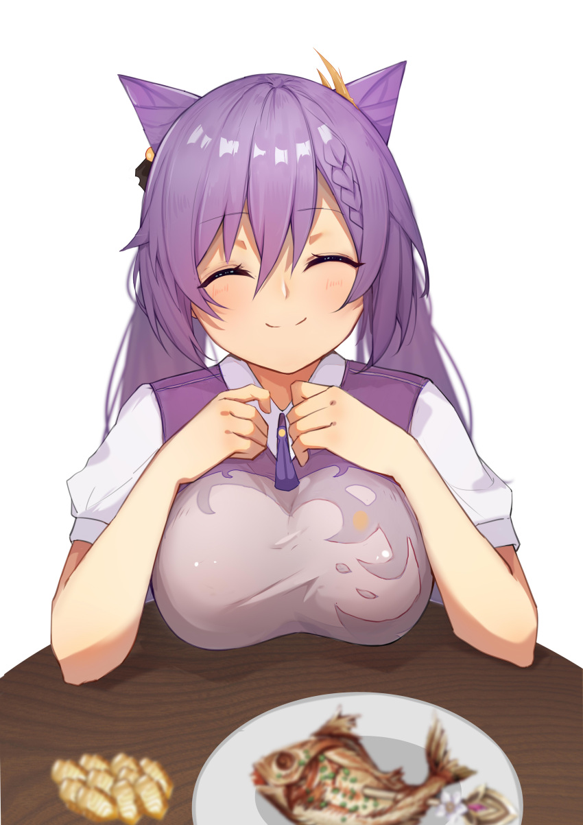 1girl, ^_^, absurdres, blush, breast_rest, breasts, casual, closed_eyes, double_bun, fish, food, genshin_impact, hands_on_own_chest, happy, highres, keqing_(genshin_impact), large_breasts, ldd.ek, looking_at_viewer, plate, pov, purple_hair, short_sleeves, smile, solo, table, twintails, upper_body