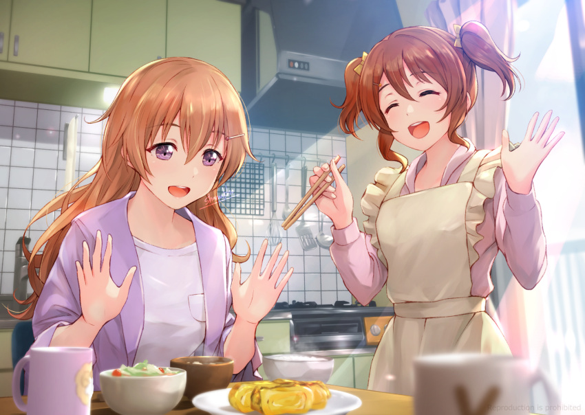 2girls, apron, breakfast, brown_hair, closed_eyes, food, hair_ornament, hairclip