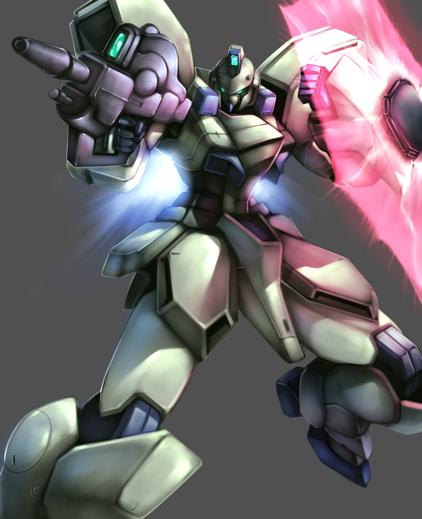 absurdres, beam_rifle, blue_eyes, clenched_hands, energy_gun, energy_shield, grey_background, gun