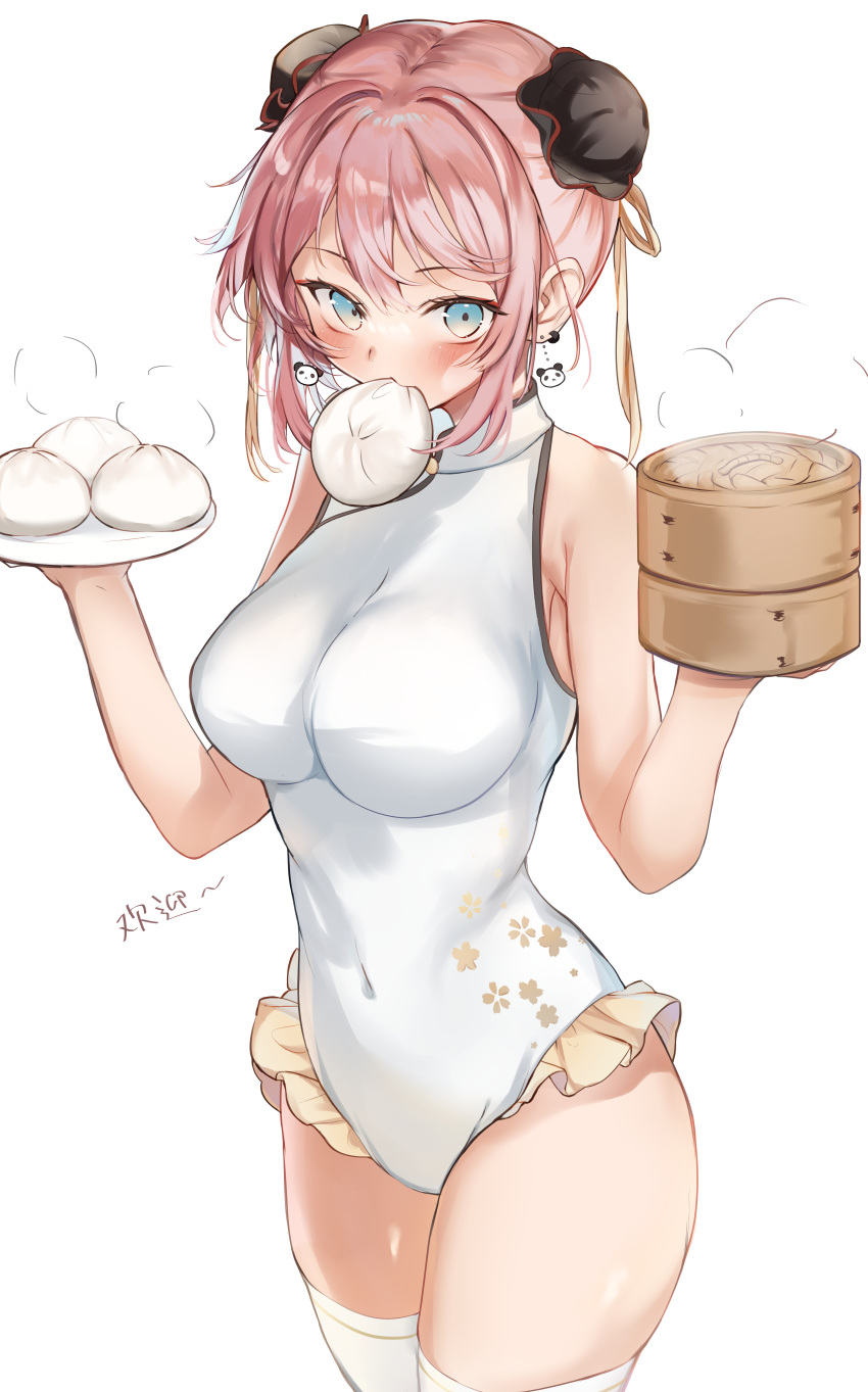 1girl, absurdres, bamboo_steamer, bangs, baozi, bare_arms, bare_shoulders, blush, breasts, bun_cover, commentary_request, covered_navel, earrings, food, food_in_mouth, highres, holding, holding_food, holding_plate, jewelry, large_breasts, leotard, looking_at_viewer, mochi_nabe, original, panda_earrings, pink_hair, plate, short_hair, simple_background, skindentation, solo, thigh-highs, white_background, white_legwear, white_leotard