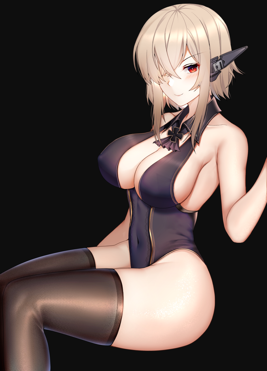 1girl, black_legwear, black_leotard, blonde_hair, blue_oath, breasts, collarbone, covered_navel
