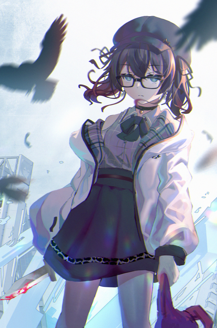1girl, animal, bangs, bare_shoulders, bird, black-framed_eyewear, black_bow, black_choker