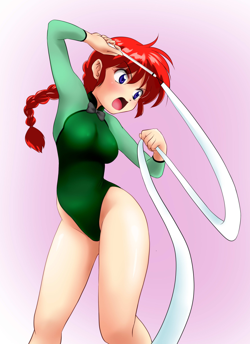 1girl, absurdres, athletic_leotard, blue_eyes, braid, braided_ponytail, commentary_request, feet_out_of_frame