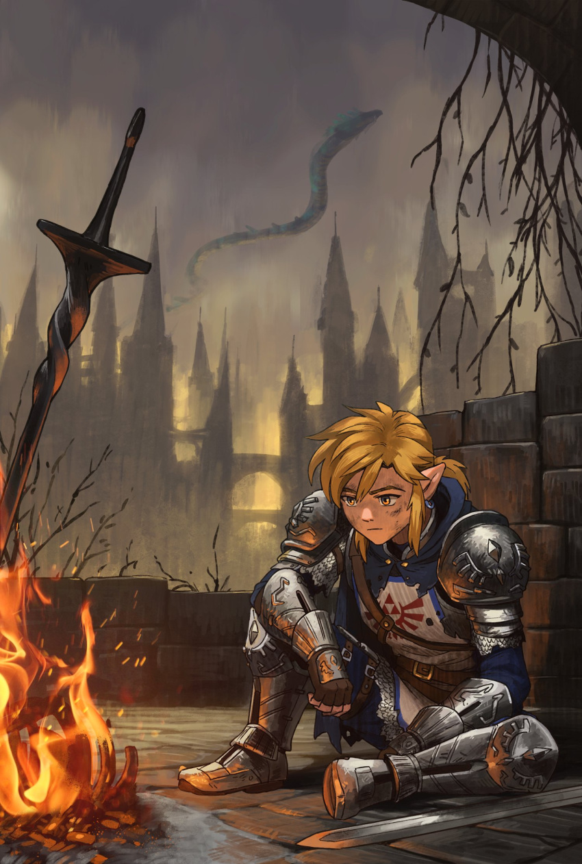 1boy, armor, blonde_hair, bonfire_(dark_souls), brown_eyes, city, crossover, dark_sky