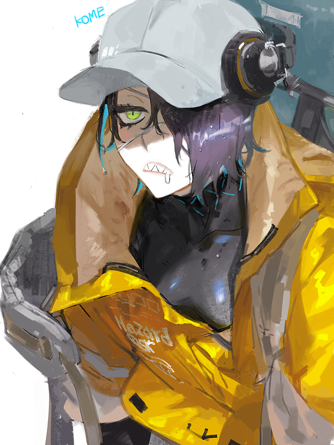 1girl, arknights, asbestos_(arknights), baseball_cap, eyepatch, frischenq, green_eyes, hair_over_one_eye