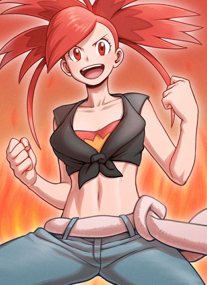 1girl, :d, bangs, black_shirt, blue_pants, blush, breasts, clenched_hands