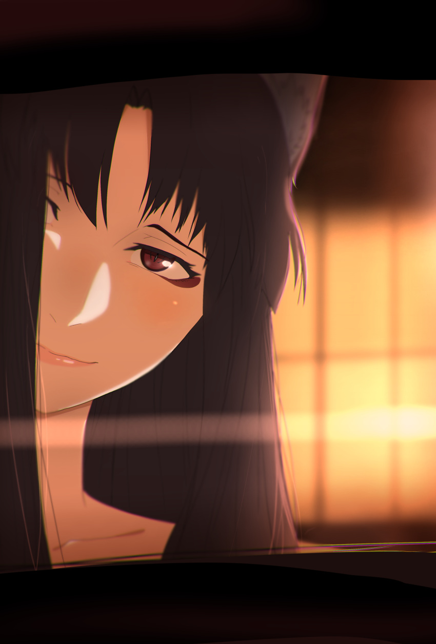 1girl, absurdres, akagi_(azur_lane), akizuki_(17769498), animal_ear_fluff, animal_ears, azur_lane, brown_hair, hair_over_one_eye, highres, indoors, lips, long_hair, looking_at_viewer, portrait, red_eyes, solo, sunset