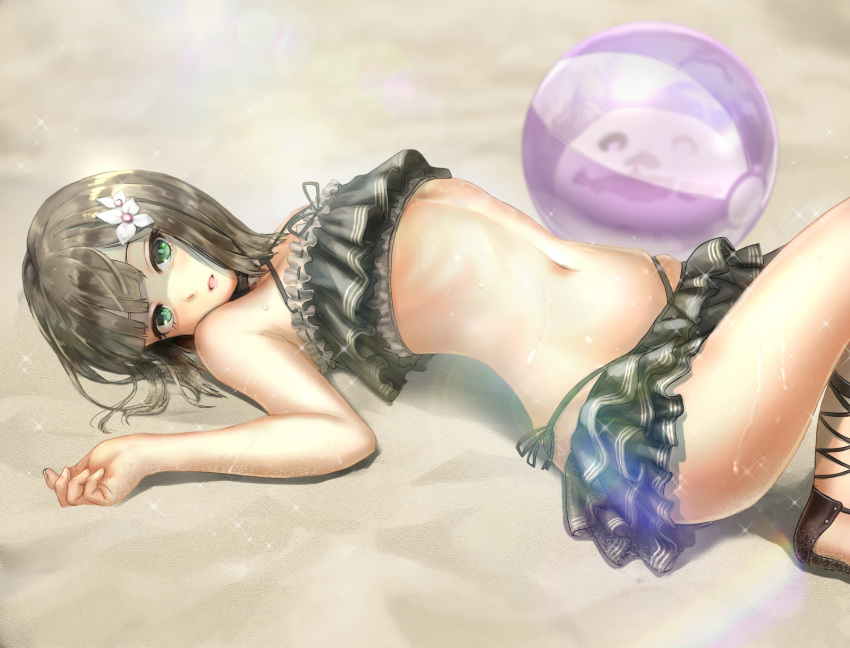1girl, ball, bangs, beach, beachball, bikini, black_choker, brown_hair