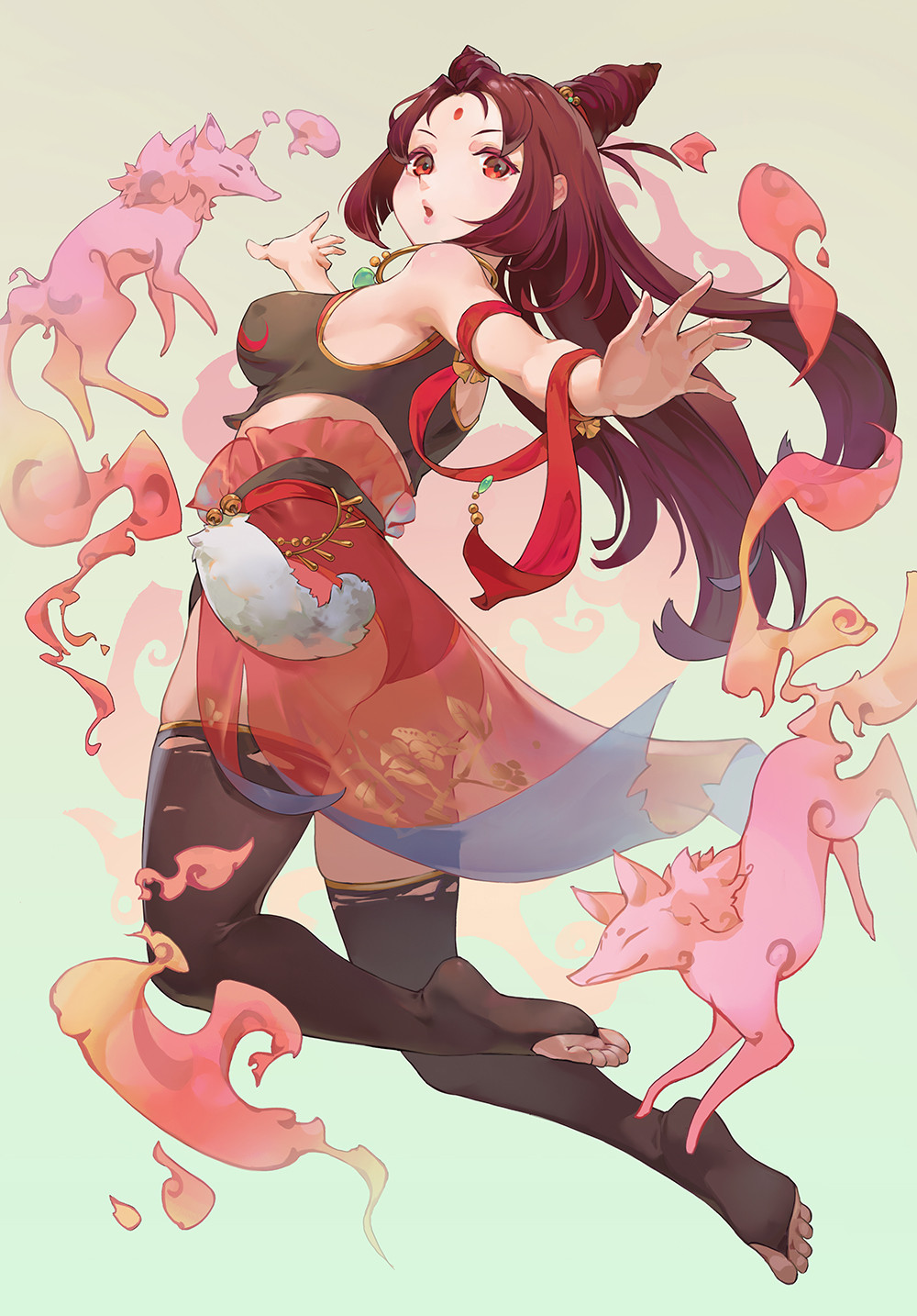 1girl, arm_ribbon, ass, barefoot, bindi, brown_hair, chinese_clothes, crop_top