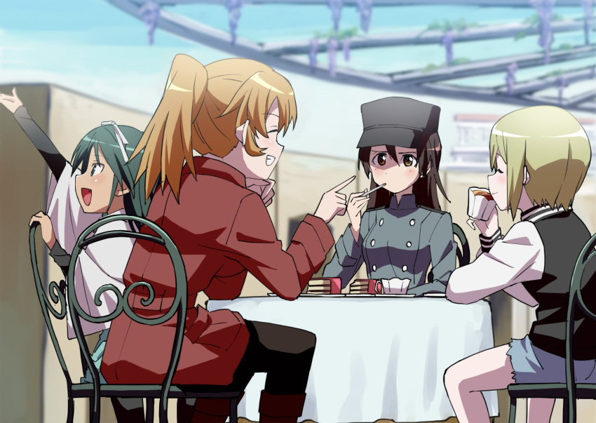 4girls, alternate_costume, alternate_hairstyle, blonde_hair, brown_eyes, brown_hair, cake, charlotte_e_yeager