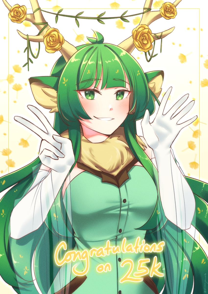 1girl, absurdres, animal_ears, antlers, bangs, blunt_bangs, blush, breasts