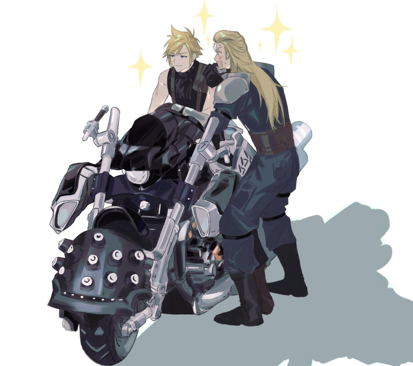 2boys, armor, blonde_hair, blush, boots, cloud_strife, final_fantasy, final_fantasy_vii