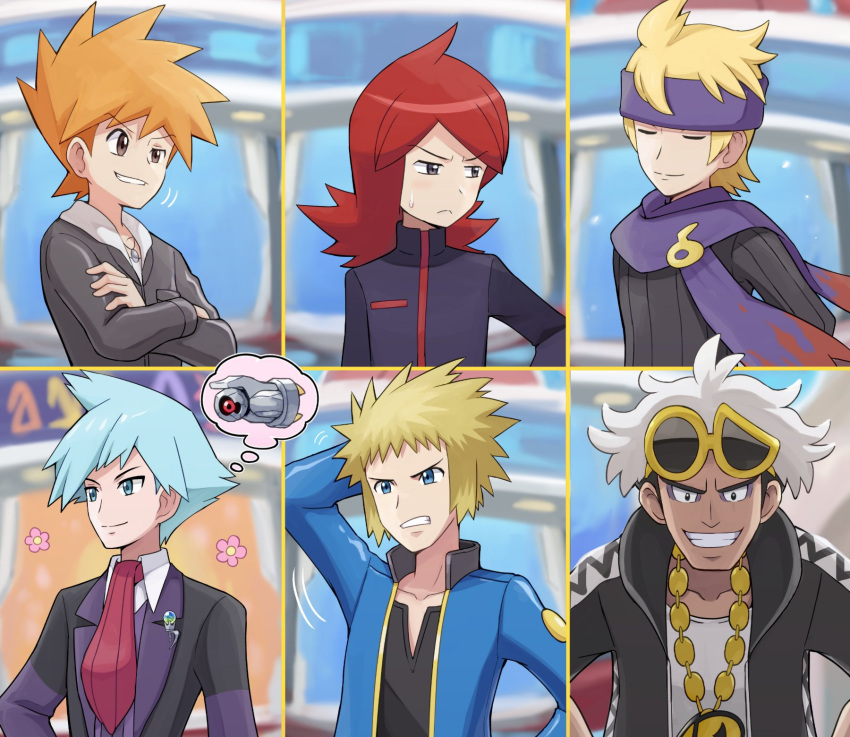 6+boys, bangs, beldum, black_jacket, black_sweater, blonde_hair, blue_eyes, blue_hair