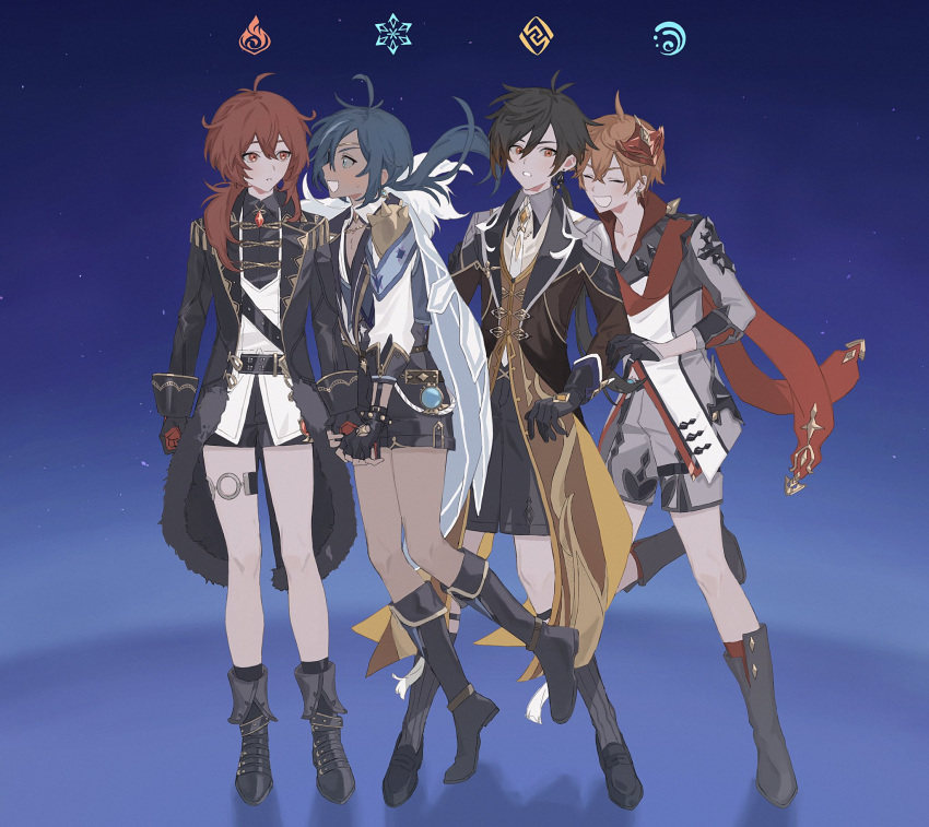 4boys, ahoge, antenna_hair, bangs, bare_legs, black_footwear, black_gloves, black_hair