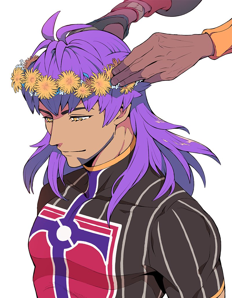 2boys, bangs, champion_uniform, closed_mouth, commentary, covered_collarbone, dark_skin, dark_skinned_male, eyelashes, facial_hair, fingernails, head_wreath, holding, leon_(pokemon), long_hair, male_focus, meia_(dokiryuki), multiple_boys, pokemon, pokemon_(game), pokemon_swsh, purple_hair, raihan_(pokemon), shirt, short_sleeves, skin_tight, yellow_eyes