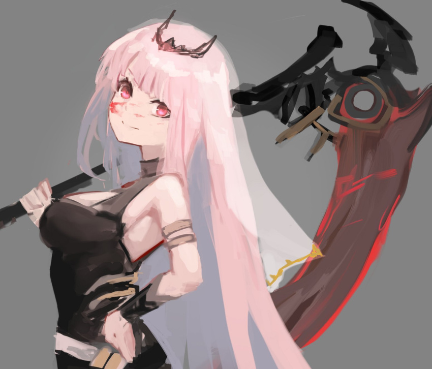 1girl, armlet, black_dress, blood, blood_on_face, breasts, closed_mouth, commentary