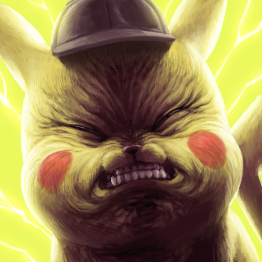 clenched_teeth, closed_eyes, deerstalker, detective_pikachu, detective_pikachu_(character), detective_pikachu_(movie), electricity, face
